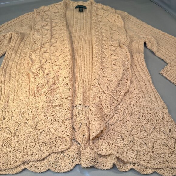 Lauren Ralph Lauren Open Front Knit Cardigan Women Scalloped Hem Sweater Knit - Picture 10 of 16